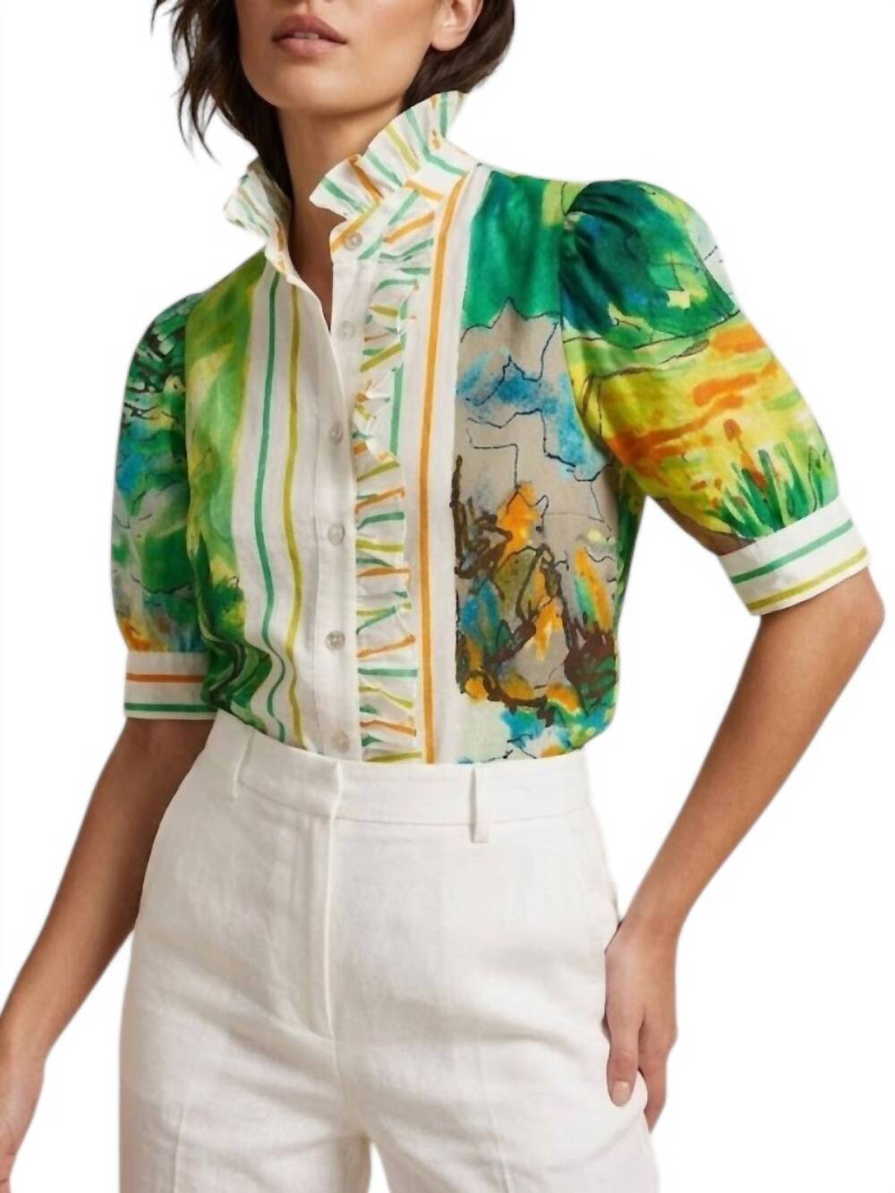 NEW HOPE FOR FLOWERS frilled button down top in landscape scarf
